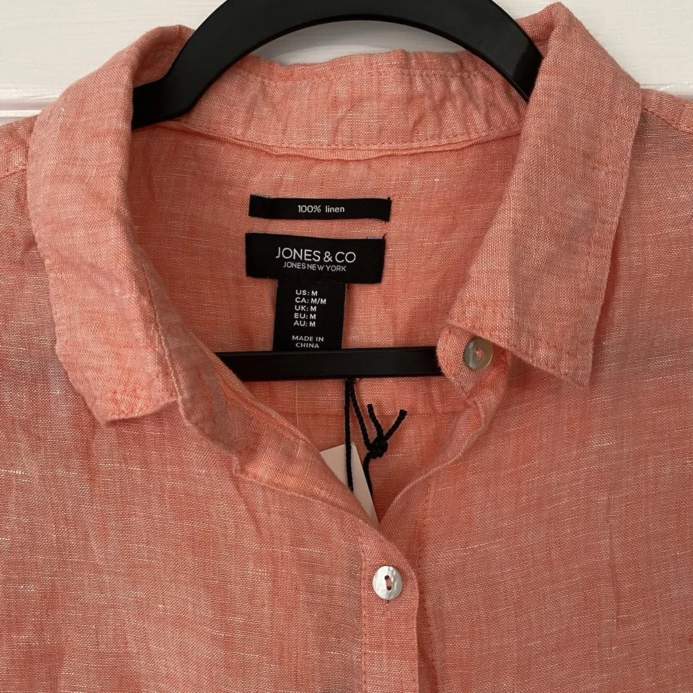 Jones &‎ Co New York 100% Linen Button Up Coral Collar Shirt Size Medium NWT - Picture 3 of 6